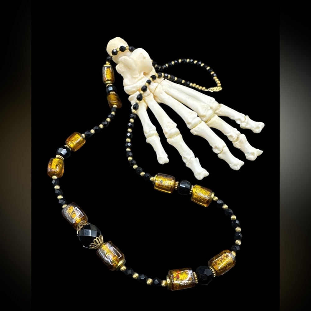 Vintage Artisan Black Czech Glass and Amber Gold Foil Glass Bead Necklace 32”